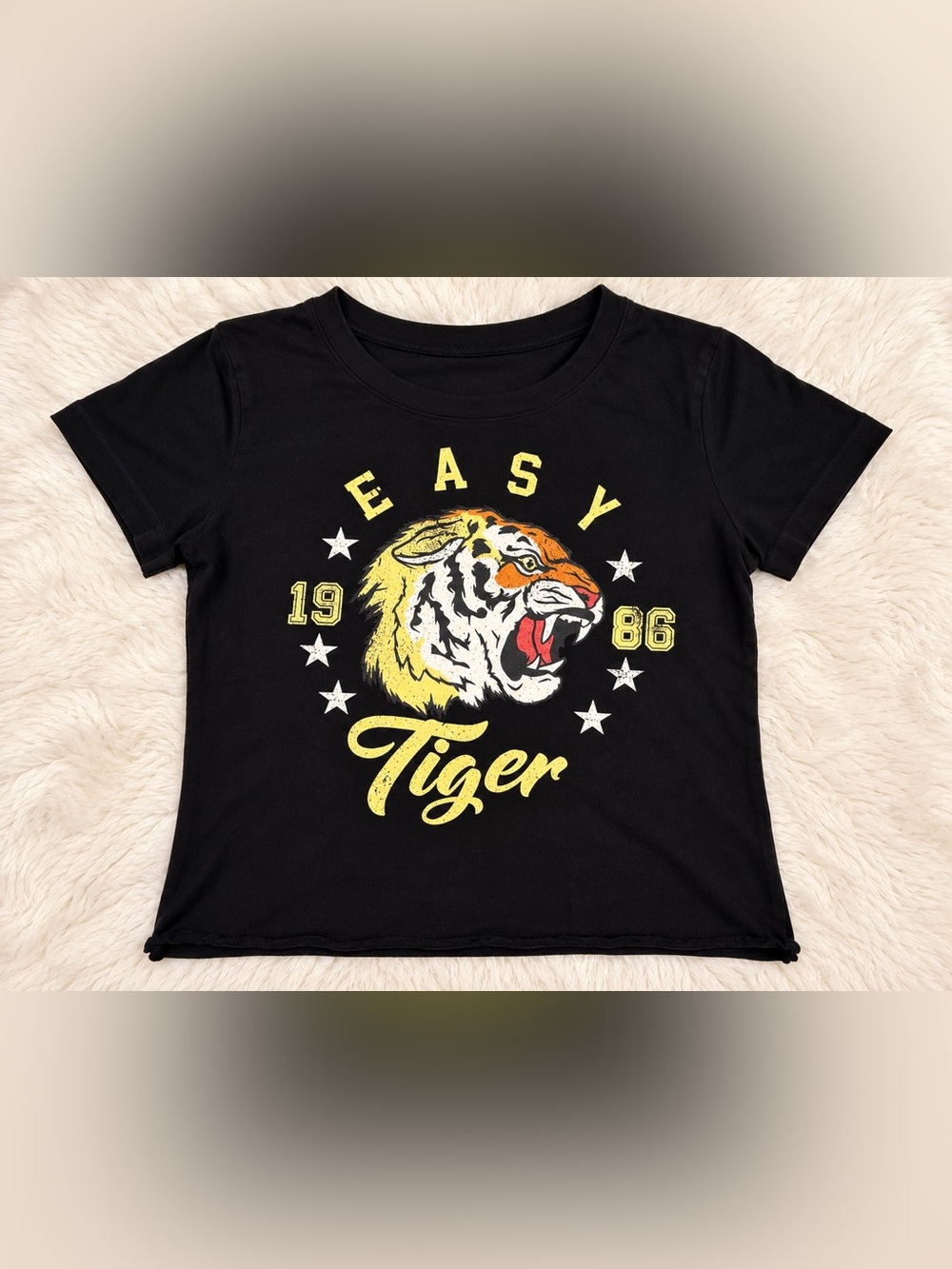 Women’s Black Easy Tiger Graphic Boxy Crop Top Oversized Square Fit Tee